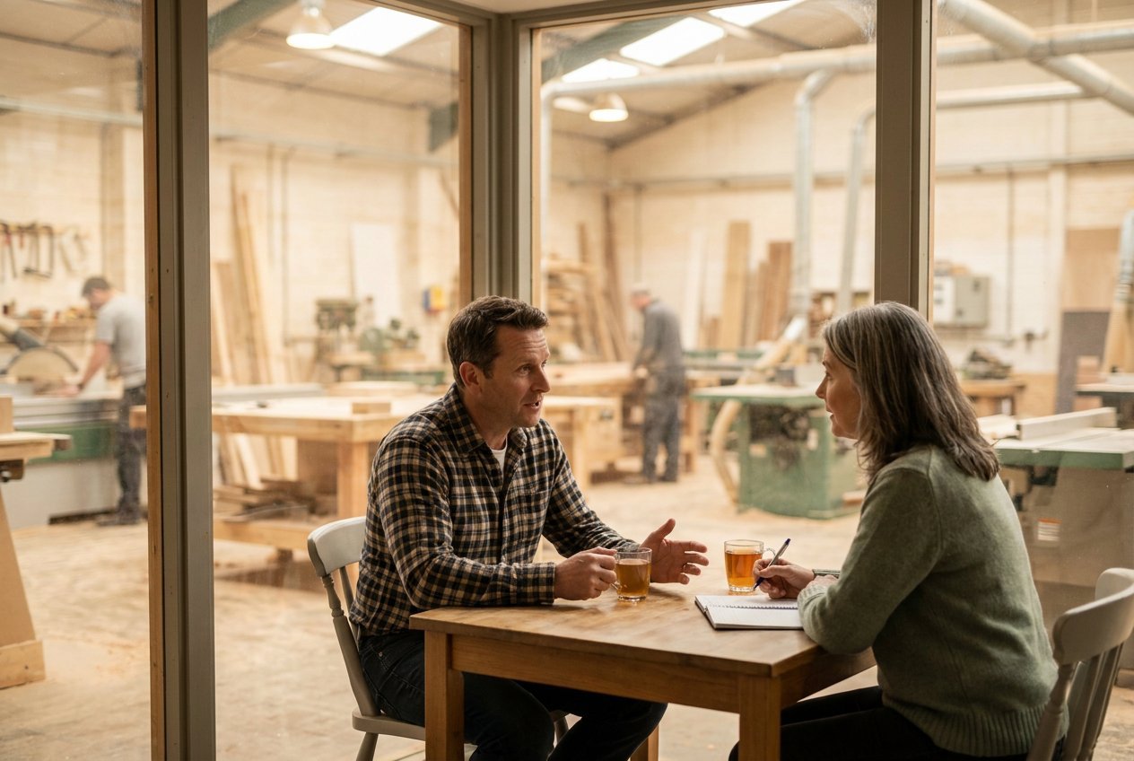 An owner and adviser talking over tea in a workshop office