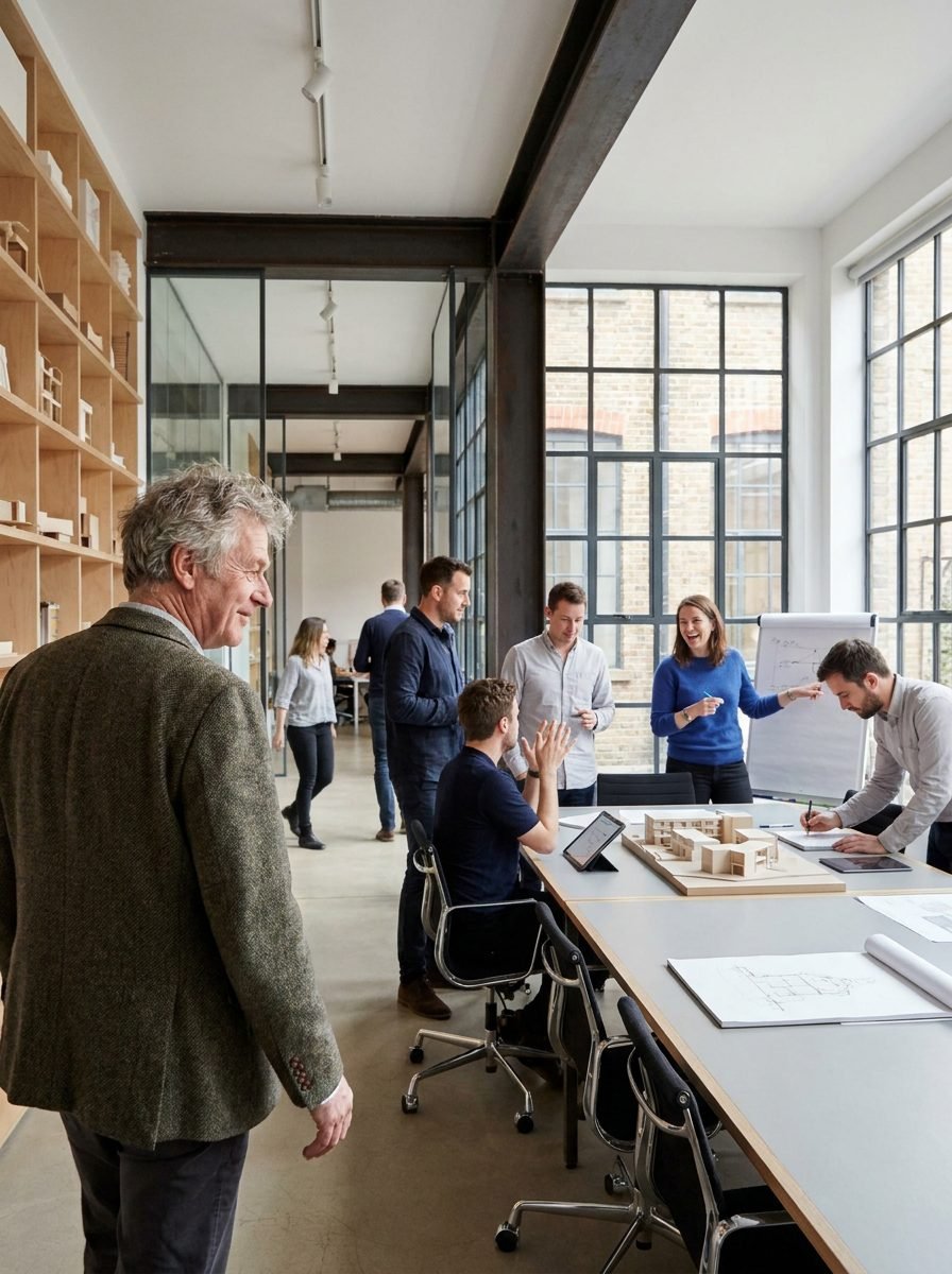 An experienced business owner watching his team at work in the studio — the founder in the foreground, the business he built continuing confidently around him