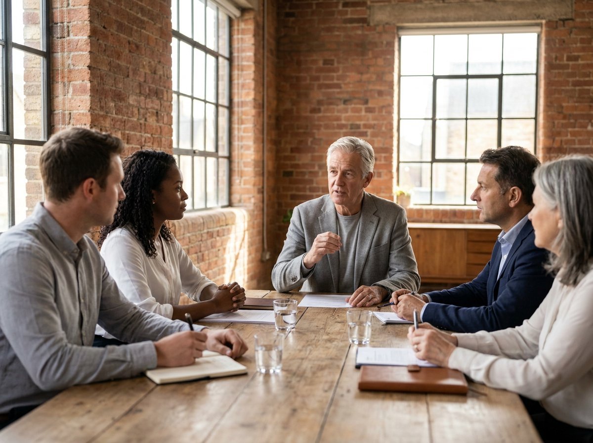 An independent chair speaking to a diverse board around an oak table